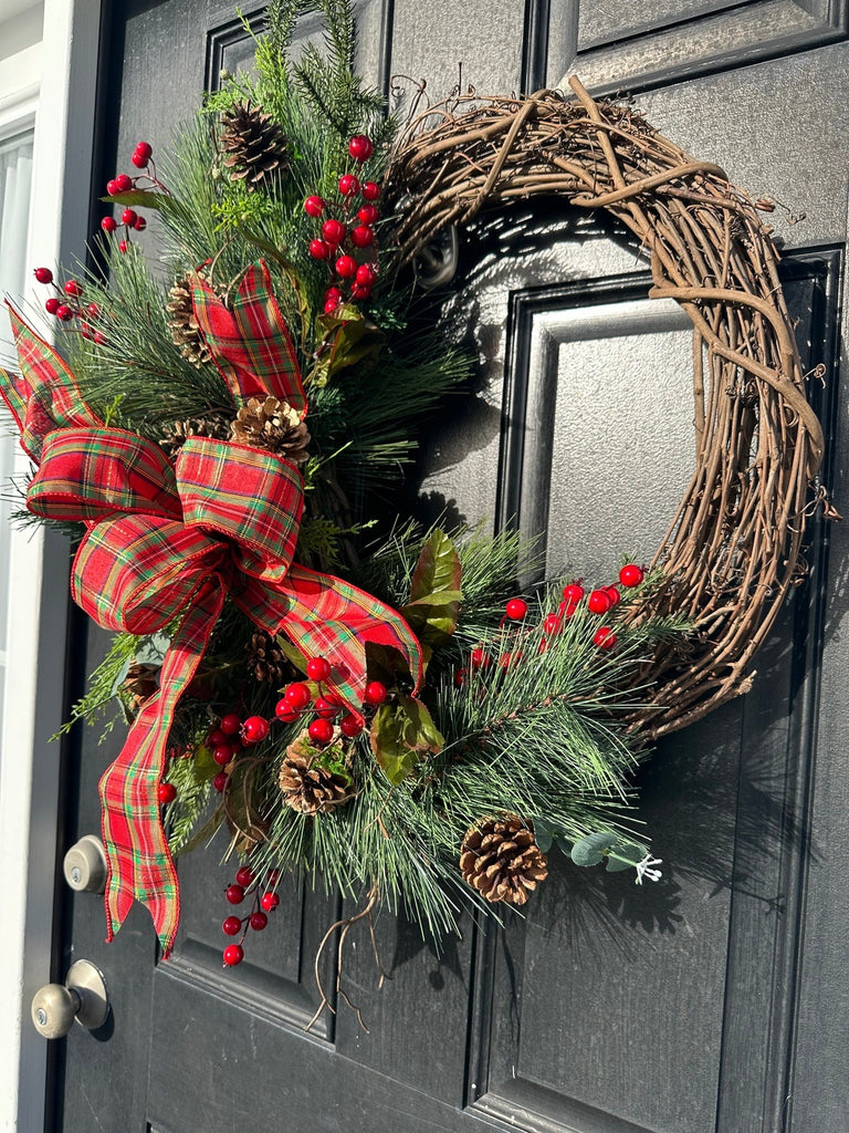 Winter Flocked Grapevine Wreath, Berries, Wired top Ribbon