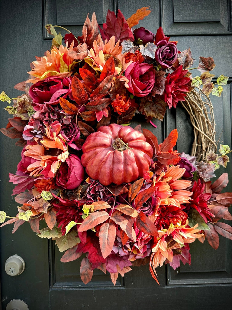 Thanksgiving factory Wreath with White Pumpkin Sign and Velvet Pumpkins