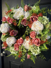 Cottagecore Cream & Coral Hydrangea Spring Wreath, Year Round Decor