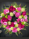 Pink & Lime Peony and Hydrangea Spring Wreath, Year Round Blooms