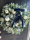 White Pumpkins ans Navy Velvet Wreath for Fall