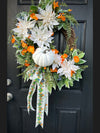 White Pumpkins w Poppies Wreath for Fall