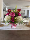 Elegant Peony and Hydrangea Centerpiece for Valentines Day w Red Hearts, Floral Arrangement