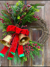 Winter Pine Wreath w Bells and Velvet Bow