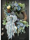 Blue Velvet Pumpkins and Chinoiserie Themed Wreath for Fall