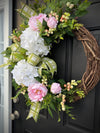 White Hydrangea Wreath w Peonies for Year Round, Spring Decor