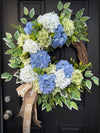 Blue & White Hydrangea Wreath w Welcome Bow for Year Round, Spring Decor