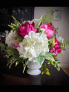 Elegant Peony and Hydrangea Centerpiece for Valentines Day w Red Hearts, Floral Arrangement