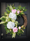 White Hydrangea Wreath w Peonies for Year Round, Spring Decor