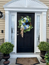 Blue & White Hydrangea Wreath w Welcome Bow for Year Round, Spring Decor