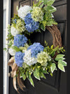 Blue & White Hydrangea Wreath w Welcome Bow for Year Round, Spring Decor