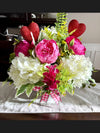 Elegant Peony and Hydrangea Centerpiece for Valentines Day w Red Hearts, Floral Arrangement