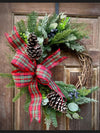 Winter Evergreen Wreath w Red Tartan Bow