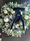 White Pumpkins ans Navy Velvet Wreath for Fall