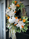 White Pumpkins w Poppies Wreath for Fall