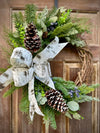 Winter Evergreen Wreath w Birch Bow