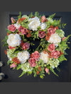 Cottagecore Cream & Coral Hydrangea Spring Wreath, Year Round Decor