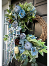 Blue Velvet Pumpkins and Chinoiserie Themed Wreath for Fall