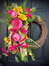 Vibrant Pink Peony Wreath w/ Designer Bow for Spring, Year Round Decor